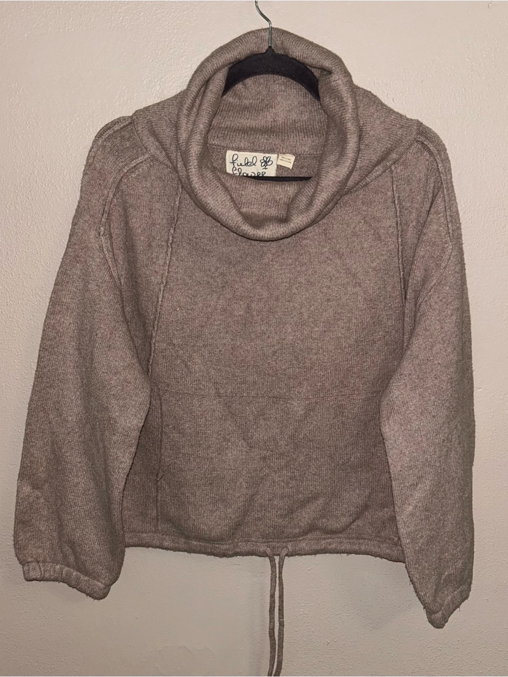 Field flower Cozy Cowl Neck Drawstring Sweater - Taupe